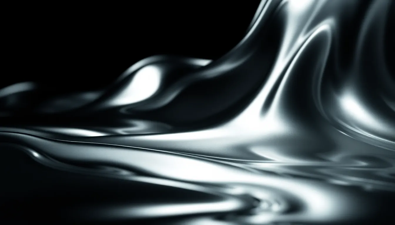 This mesmerizing image showcases an abstract representation of flowing liquid metal with stunning reflective qualities. Dramatic side lighting enhances the metallic surfaces, creating a high-contrast visual experience. The rich silvers and deep blacks combine to evoke a sense of modernity and futurism. The composition is carefully designed to guide the eye through the fluid shapes, making it ideal for contemporary art projects or backgrounds in digital design.