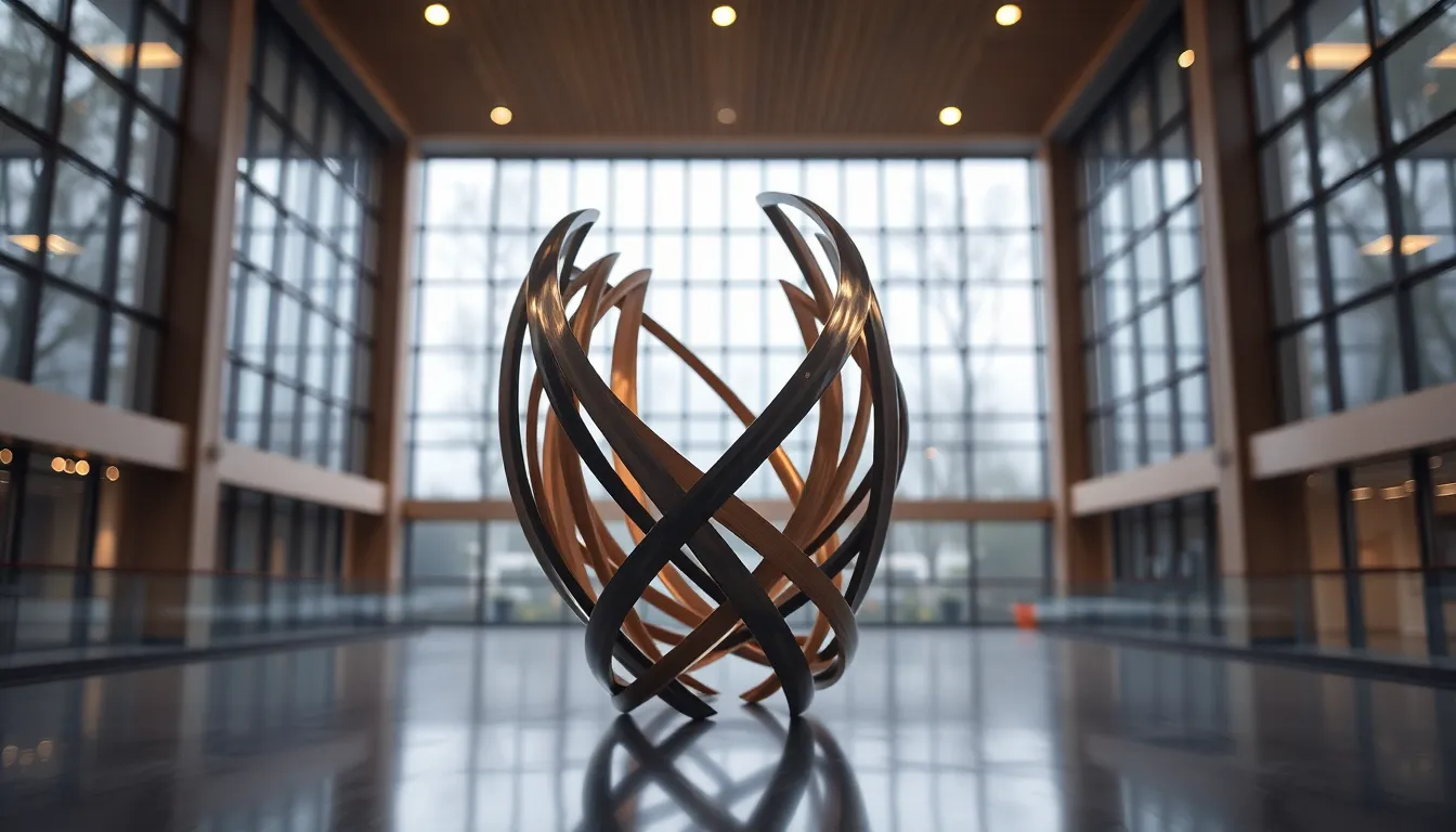 This image features a sleek, modern abstract sculpture composed of intertwined metal and glass. The soft, diffused daylight filters through, creating a serene atmosphere and highlighting the smooth surfaces. The shallow depth of field adds a gentle blur to the background, enhancing the focus on the sculpture. The natural muted tones evoke a sense of calm, making it perfect as a contemporary background.