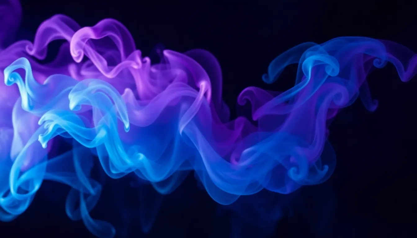 This image features vibrant swirling smoke in rich blues and purples against a stark black background. Captured with dynamic studio lighting, the smoke appears ethereal, enhancing its movement and fluidity. The hyperfocal depth of field ensures the smoke remains sharp, offering an engaging and abstract backdrop. Suitable for creative projects, this image can add an element of intrigue and color.