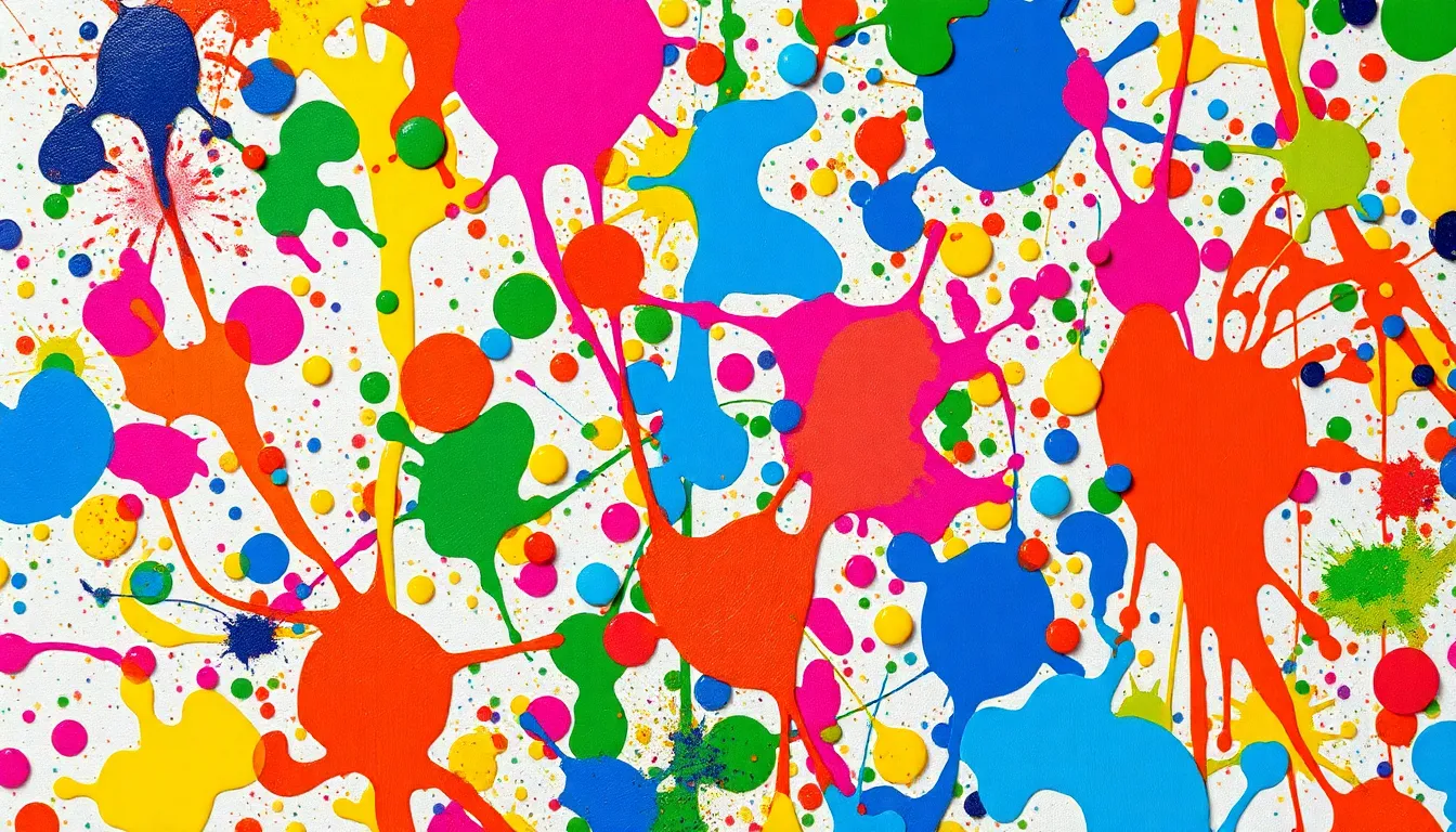 This image features an abstract pattern of colorful paint splatters on canvas, captured in striking detail. Natural afternoon light creates contrasts that accentuate the texture of the paint, resulting in a vibrant and energetic look. The shallow depth of field draws the eye to the vivid colors, while the centered composition enhances the artistic flair. Ideal for backgrounds, this image conveys creativity and inspiration.