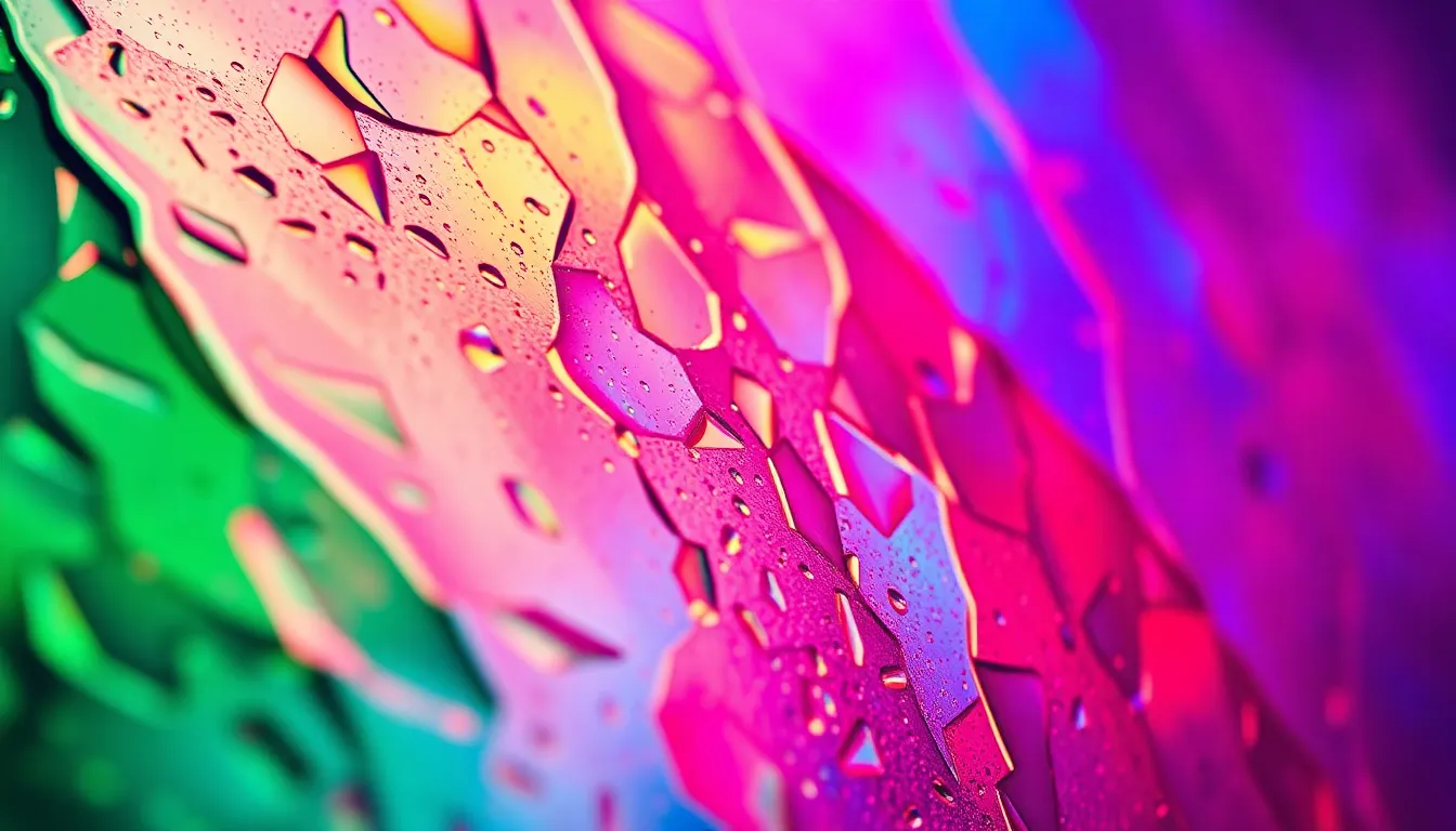 This stunning abstract background features a close-up of textured glass capturing a vibrant array of refracted colors. Bright, angled lighting enhances the intricate details, creating captivating reflections. The rich colors blend into each other, drawing the viewer’s eye through the composition. Perfect for modern design projects that seek a touch of elegance and intrigue.