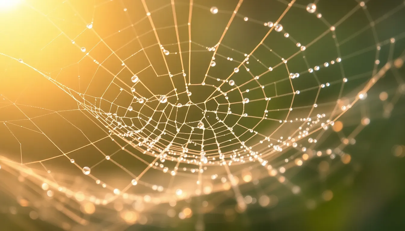 This stunning close-up showcases a spider web adorned with dewdrops, glistening in the soft morning light. The natural backlighting creates a magical atmosphere, highlighting the intricate details of the web and the delicate reflections within the droplets. The subdued colors of greens and browns evoke a serene, outdoor feeling. This background is perfect for nature-themed projects or as a unique visual texture to enhance design work.