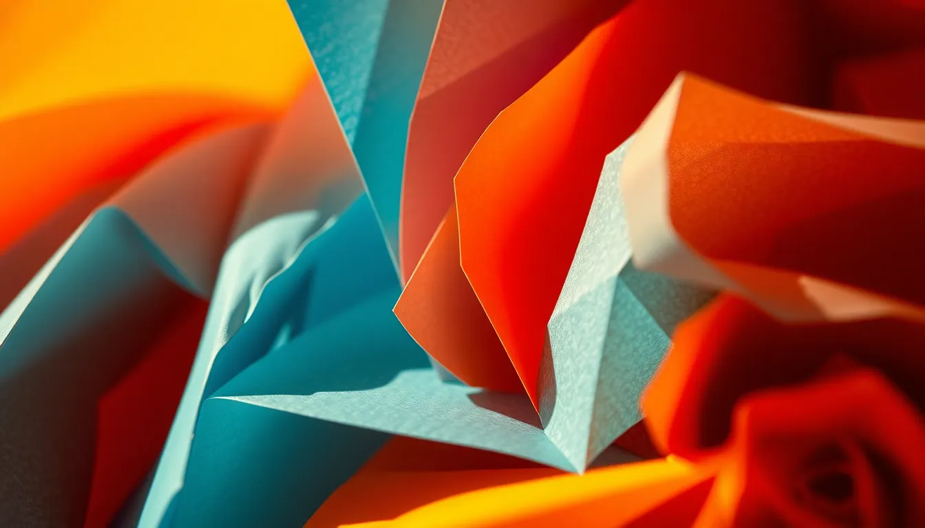 This artistic background showcases the intricate details of colorful abstract paper textures, layered and overlapping in a captivating manner. Warm tungsten lighting enhances the depth and richness of the colors, while a shallow depth of field creates a soft, inviting bokeh. The composition focuses closely on the textures and folds, making it an ideal backdrop for creative projects that seek depth and artistic flair.