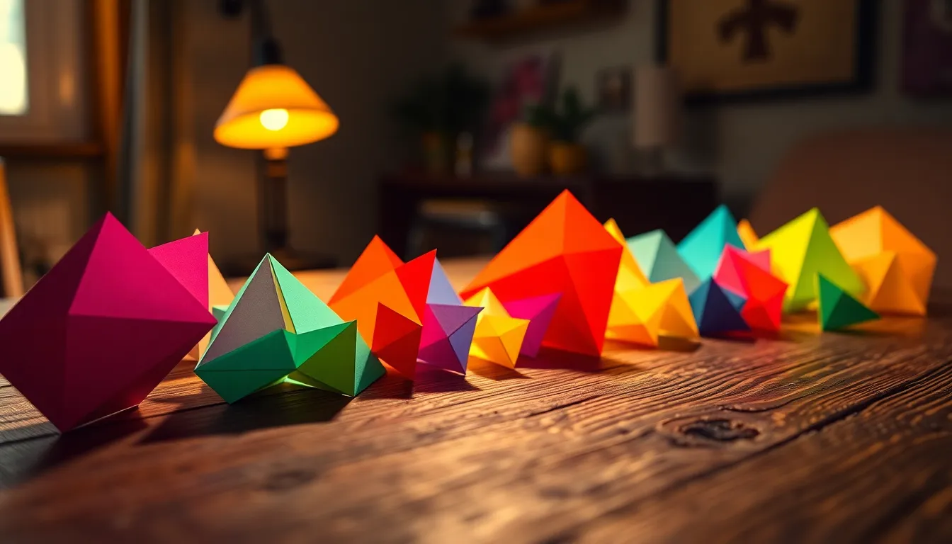 This vibrant background features an arrangement of colorful geometric paper cutouts on a rustic wooden table. The warm tungsten lighting accentuates the intricate details and textures, creating a dramatic yet inviting scene. Beautifully arranged to enhance the visual appeal, the selective focus draws the viewer's eye to the vivid colors, providing a striking contrast against the wooden surface. Ideal for creative projects and artistic designs.