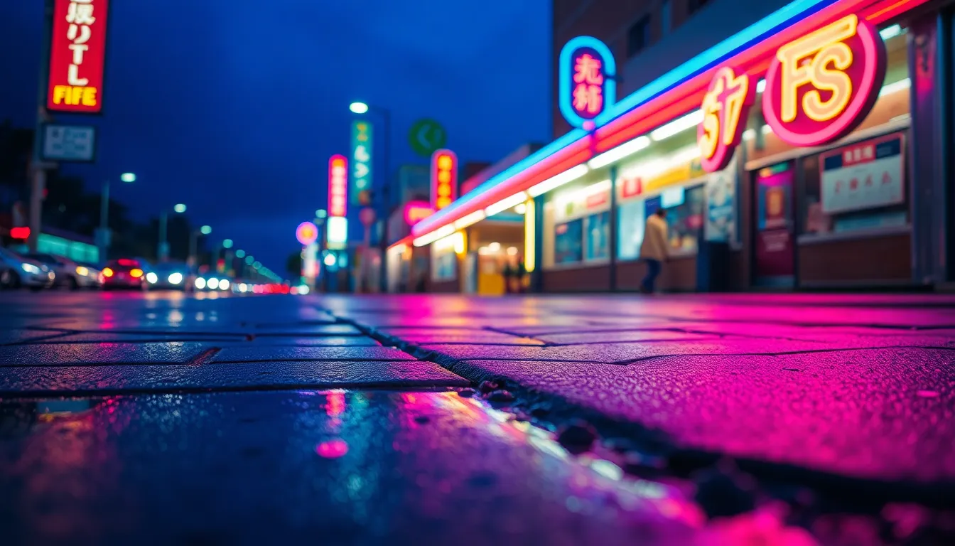 Neon Reflections on Rainy Pavement
