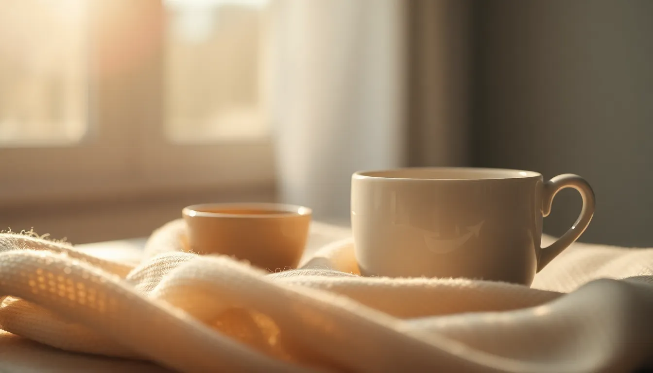This image presents a soft, earth-toned abstract background, beautifully illuminated by warm daylight. The composition highlights delicate textures of fabrics and ceramics, with a subtle bokeh that enhances the visual softness. Perfect for backgrounds focused on warmth, hominess, and refined detail, this image invites viewers into a tranquil, comforting space.