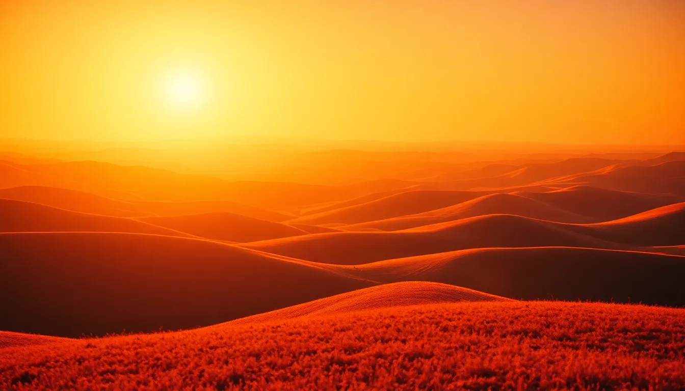 This breathtaking image captures an abstract landscape of rolling hills under a vibrant sunset. The rich colors of orange, yellow, and purple create an inviting and warm atmosphere, appealing to the senses. The sharp focus on the hills showcases their textures, while the extensive view adds depth to the scene. This background is perfect for evoking a sense of adventure and beauty in various creative projects.