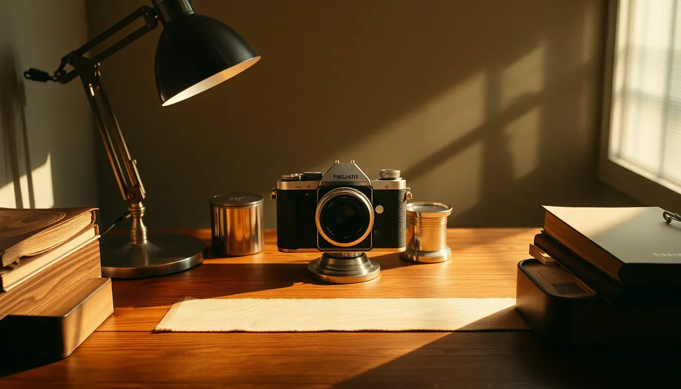 This image exudes warmth with its rich color palette and high-contrast shadows, beautifully illuminated by a tungsten lamp. The elegant arrangement presents a harmonious balance of textures, from polished wood to gleaming metal. Ideal for backgrounds requiring a sophisticated and inviting feel, this abstract scene captures attention while maintaining subtlety.