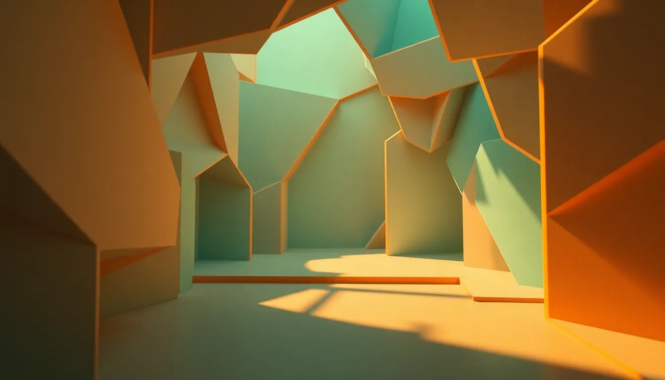 Geometric Shapes 3D Abstract Background This abstract background features intricate geometric shapes that appear to create a 3D illusion. The carefully arranged forms are illuminated by soft studio lighting, showcasing their sleek surfaces. The teal and orange color grading gives it a modern, cinematic feel, making it an ideal backdrop for design projects requiring a touch of sophistication and depth.