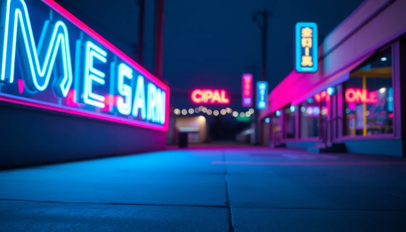 This abstract background features vibrant neon signage illuminating a smooth concrete surface with a striking blue and magenta glow. The selective focus allows the colors to pop against a softly blurred backdrop. With dynamic leading lines, the image creates a sense of movement, making it perfect for creative projects needing a modern touch.