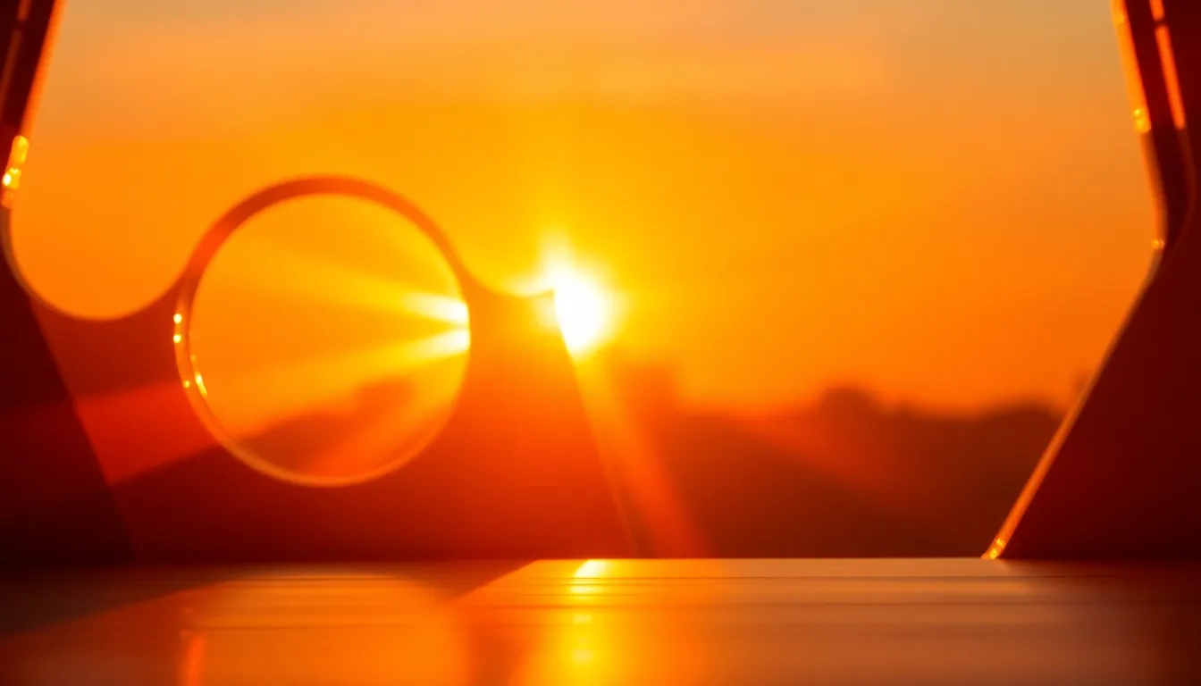 This dynamic background features abstract cut-out shapes illuminated by warm sunset rays, creating an interplay of light and shadow. The vibrant orange and yellow tones contrast beautifully with hints of blue, while the selective focus adds a layered depth to the image. This visually engaging scene invites the viewer to explore the complexities of light.