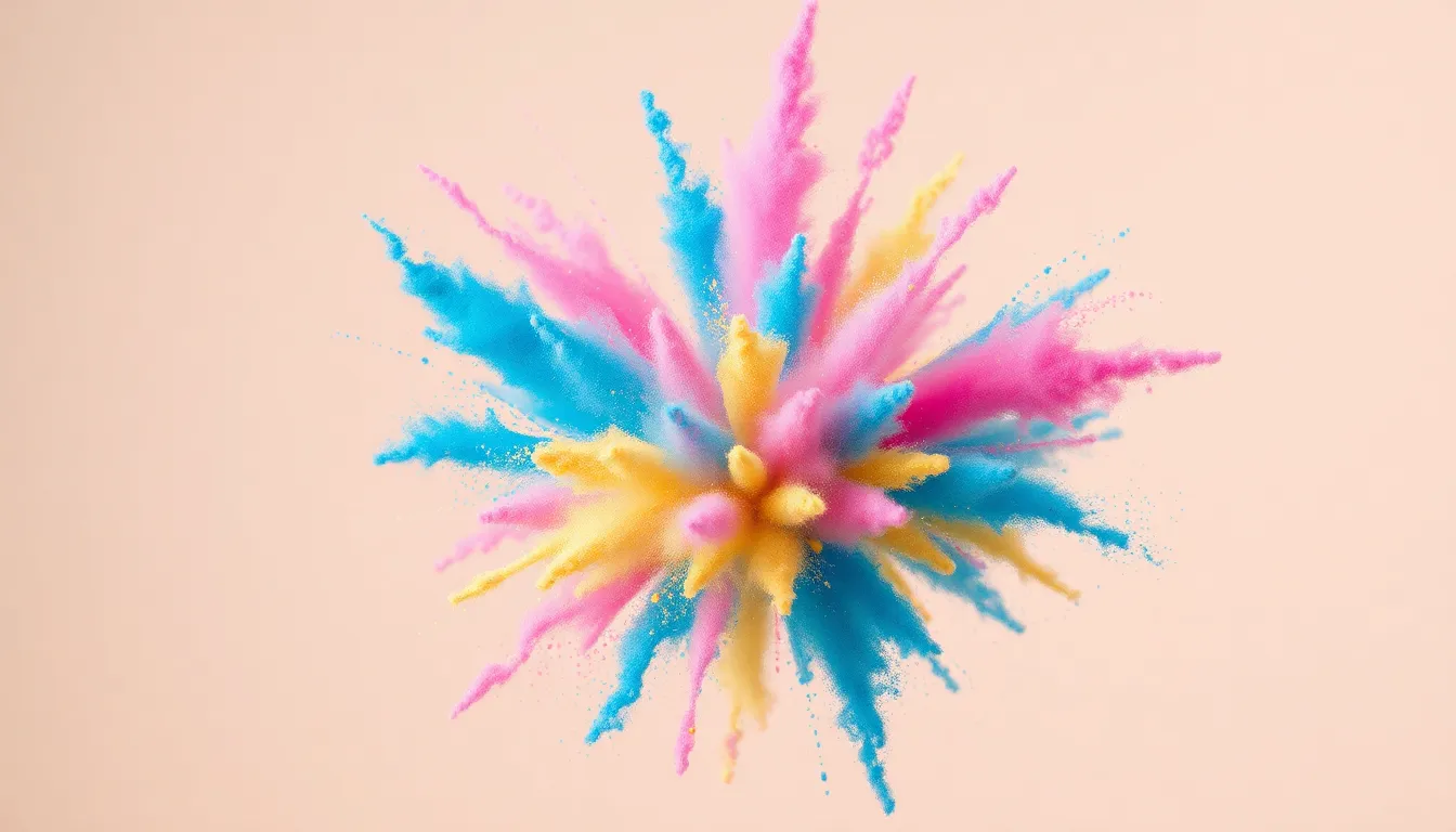 This dynamic abstract background captures an explosion of colored powder, showcasing a vibrant splash of blues, pinks, and yellows. The studio lighting creates an even, bright illumination, enhancing the fine textures of the powder. Centered composition allows the eye to explore the energy radiating from the explosion. Ideal for creative projects that require a bold and lively backdrop.