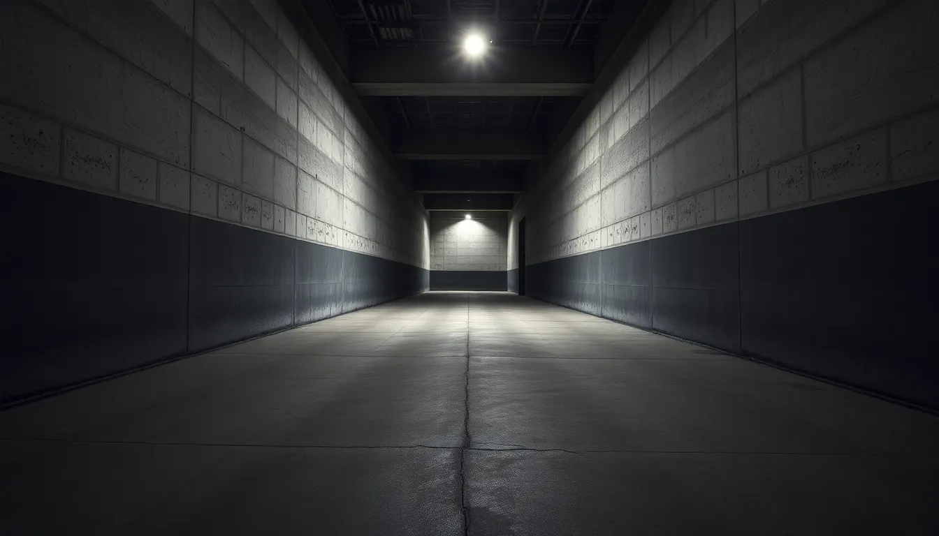 This powerful urban background showcases a textured concrete wall under dramatic overhead lighting, creating strong contrasts and deep shadows. The striking monochrome palette focuses on the rugged beauty of the concrete, while the leading lines guide the viewer’s gaze into the scene. This image conveys an industrial vibe, ideal for modern design aesthetics.