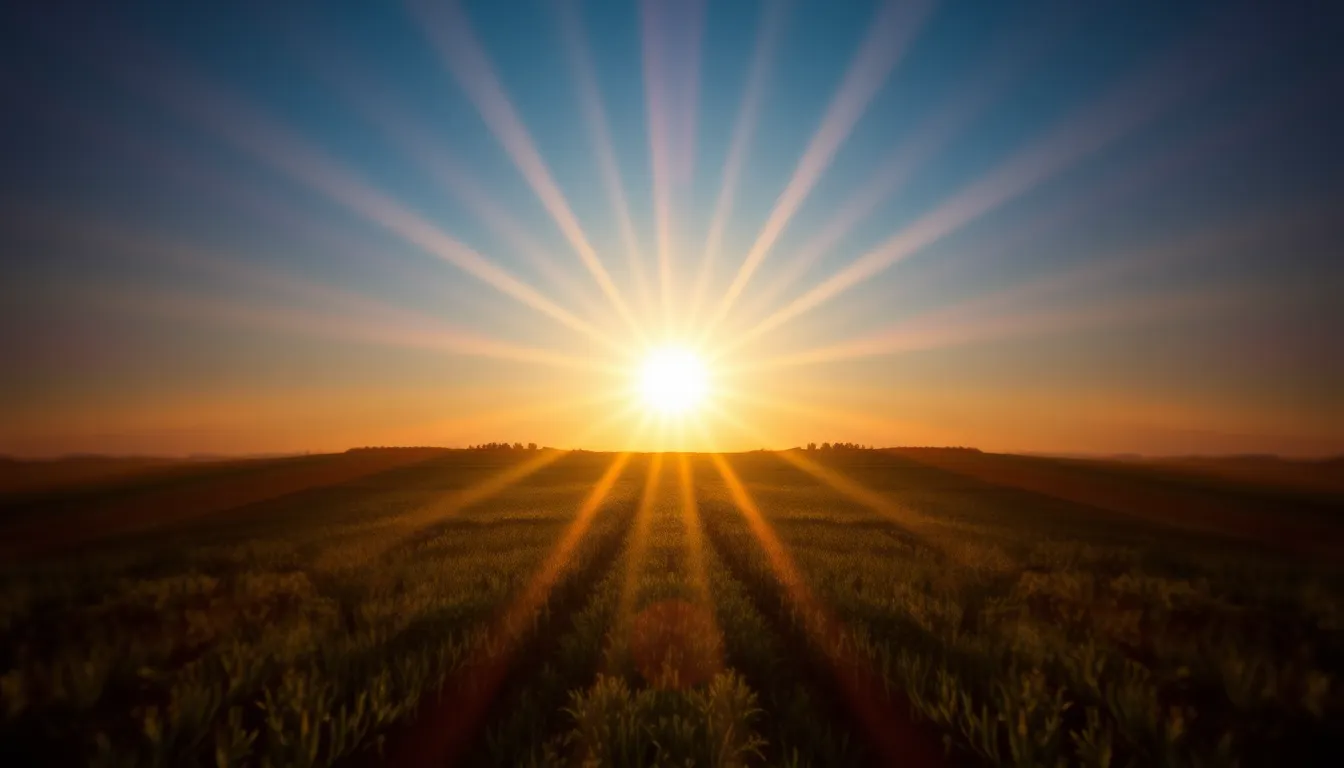 This striking abstract image showcases radial patterns created by warm, golden hour light. The rich saturation creates a dynamic interplay between deep blues and vibrant greens. With a symmetrical composition, the scene draws the viewer's eye inward, evoking a sense of harmony and balance in the midst of natural beauty.