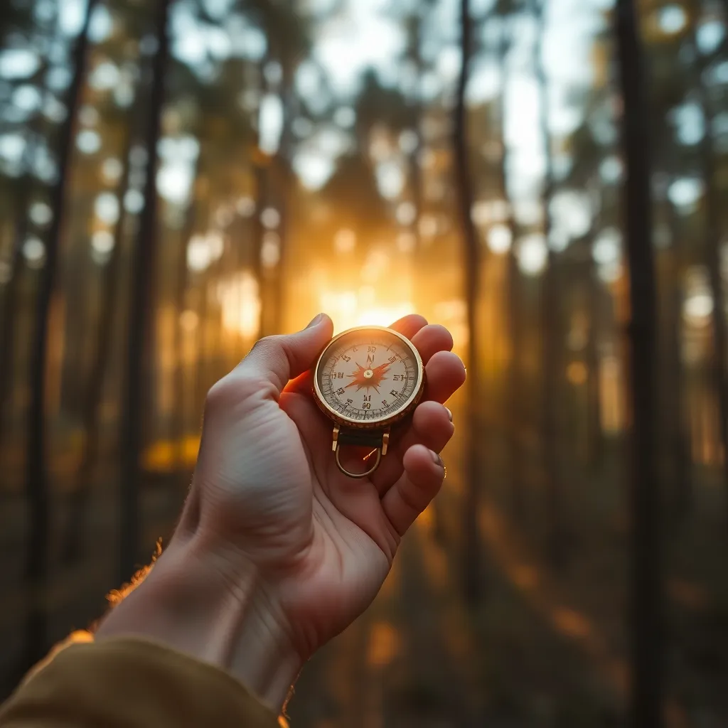 Close-Up of Hiker's Hand with Compass in Forest