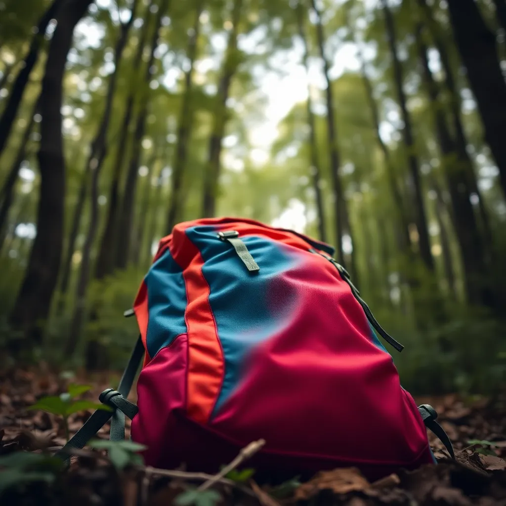 Vibrant Hiking Backpack in Forest This striking close-up showcases a colorful hiking backpack perfectly positioned on the forest floor, surrounded by lush greenery. The soft, diffused daylight enhances the rich textures of the fabric, while the creamy bokeh in the background creates a serene and immersive atmosphere. It invites nature lovers and adventure seekers alike to appreciate the essentials of outdoor exploration, highlighting the backpack’s vivid colors and practicality against the tranquil forest setting.