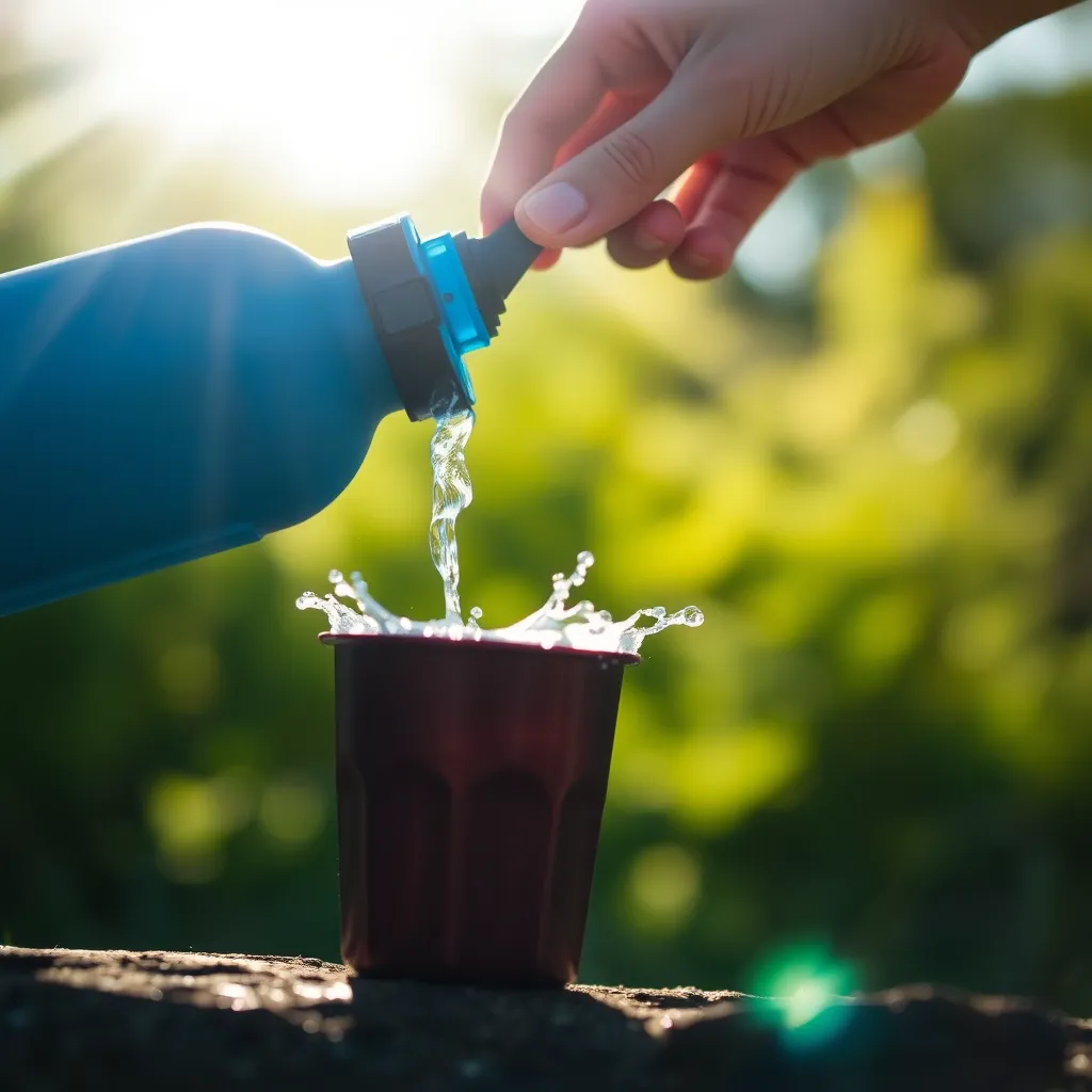 Pouring Water from Canteen into Camping Cup This dynamic close-up captures the moment a hand pours water from a portable canteen into a camping cup, surrounded by the lush outdoors. Bright sunlight casts sharp contrasts, highlighting the splashing water and creating a refreshing atmosphere. The image accentuates the importance of staying hydrated during outdoor adventures, evoking feelings of vitality and connection to nature, encapsulated in the vibrant color tones of blue and green.