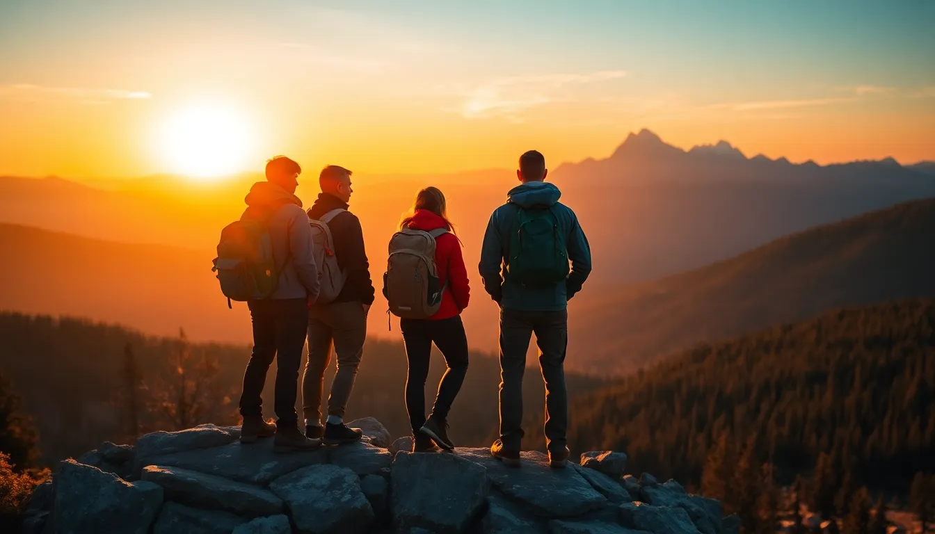 Backpackers Overlooking Majestic Mountain Sunset