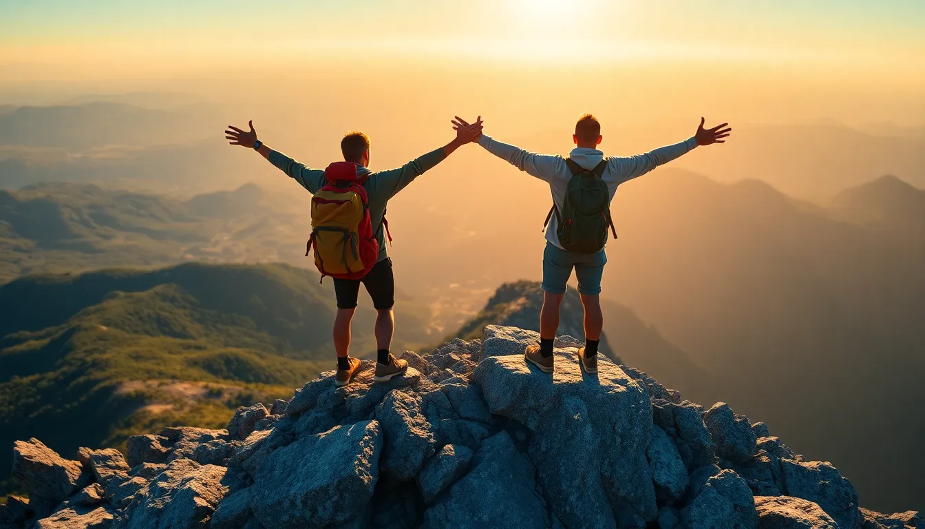 Backpacker Celebrating on Mountain Peak A backpacker experiences pure joy at the summit of a mountain, arms wide open as they absorb the stunning views. The photograph captures the exhilarating spirit of adventure and freedom against a backdrop of lush valleys and rugged peaks, illuminated by the soft glow of golden hour light. Rich saturated colors bring life to the scene, while the leading lines of the terrain guide the viewer's focus. The contrast between the textured rock and the sleek backpack highlights the essence of outdoor exploration.