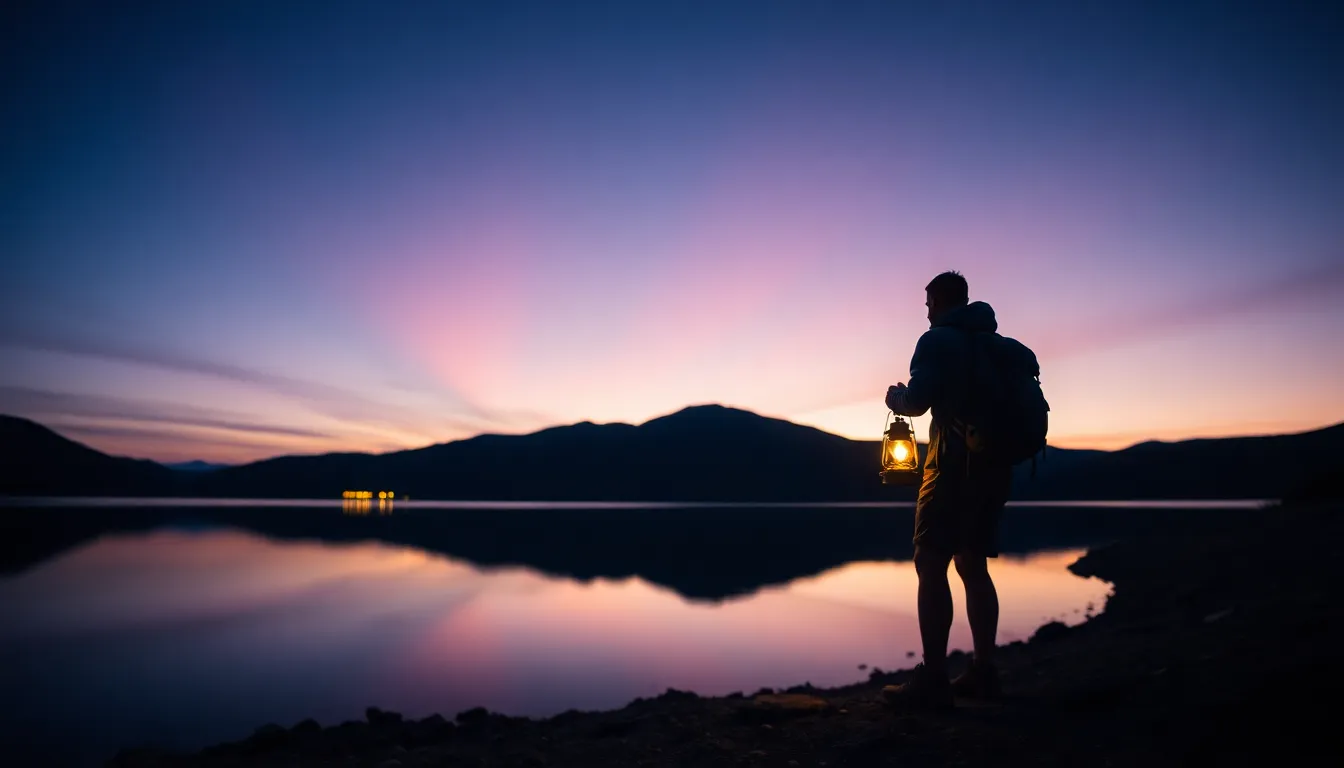 Solo Backpacker Camping by Serene Lake This serene panoramic image shows a solo backpacker setting up camp beside a tranquil lake at dusk. The soft twilight colors of purple and pink reflect beautifully on the water’s surface, while a warm lantern creates a cozy atmosphere around the campsite. The scene embodies a peaceful moment in nature, inviting viewers to experience the calm and solitude of outdoor living, perfectly captured in this breathtaking environment.