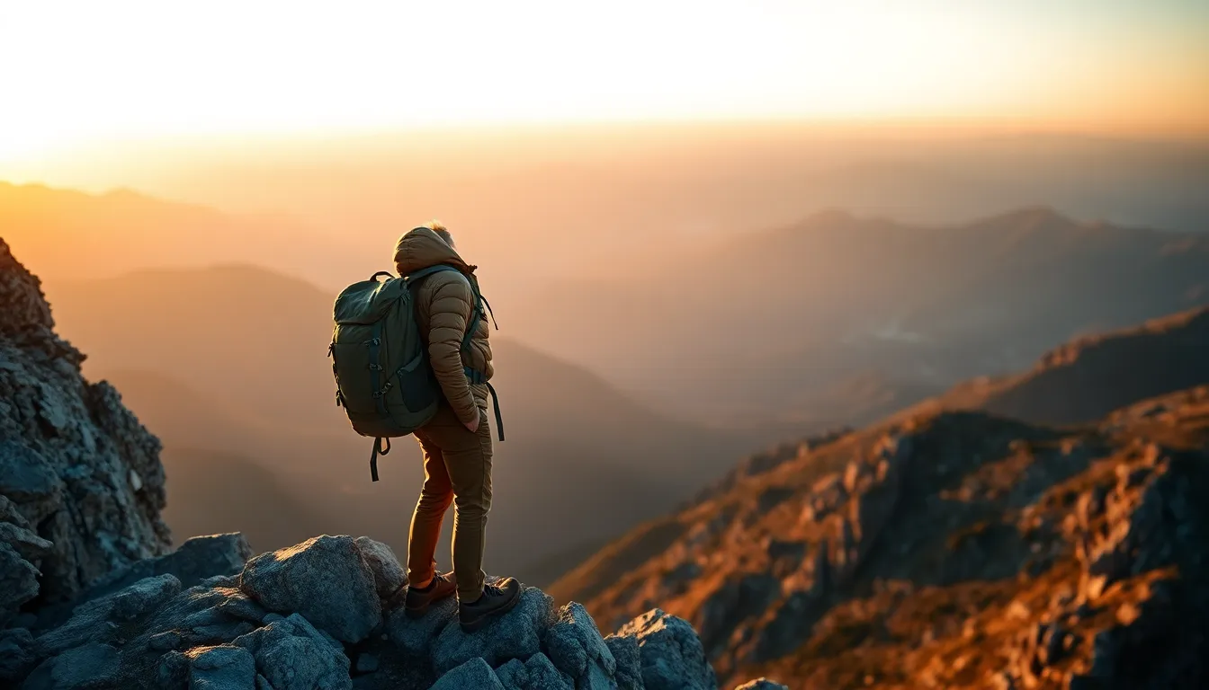 Backpacker at Sunrise on Mountain Cliff This captivating image captures a rugged backpacker standing on a cliff, gazing out over a breathtaking mountain range at sunrise. The warm golden light accentuates the texture of the rocky landscape and the details of the adventurer's gear, creating a sense of tranquility and adventure. The scene is framed with a focus on the subject, drawing the viewer's eye to their determined expression against the awe-inspiring backdrop, evoking feelings of wanderlust and exploration.