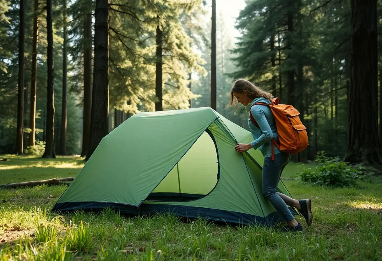 Backpacker Setting Up Tent in Serene Forest