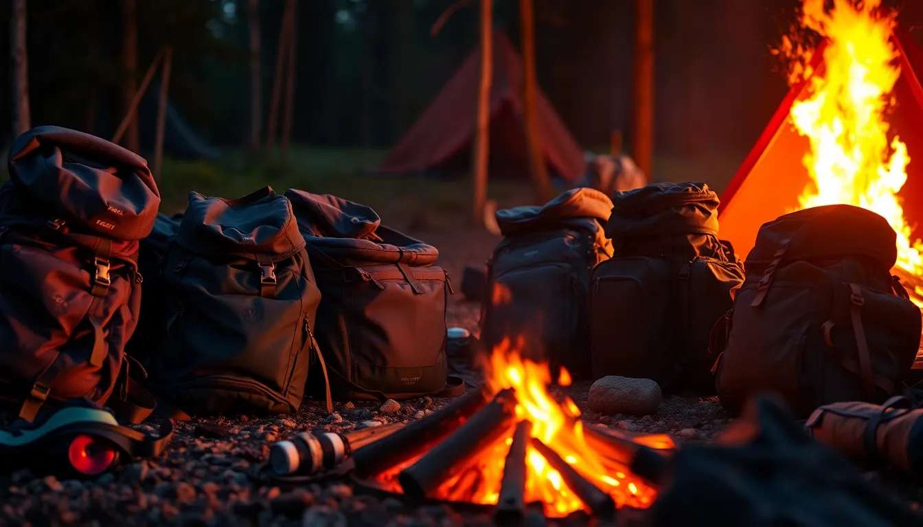 Vibrant Campsite with Gear and Campfire at Twilight