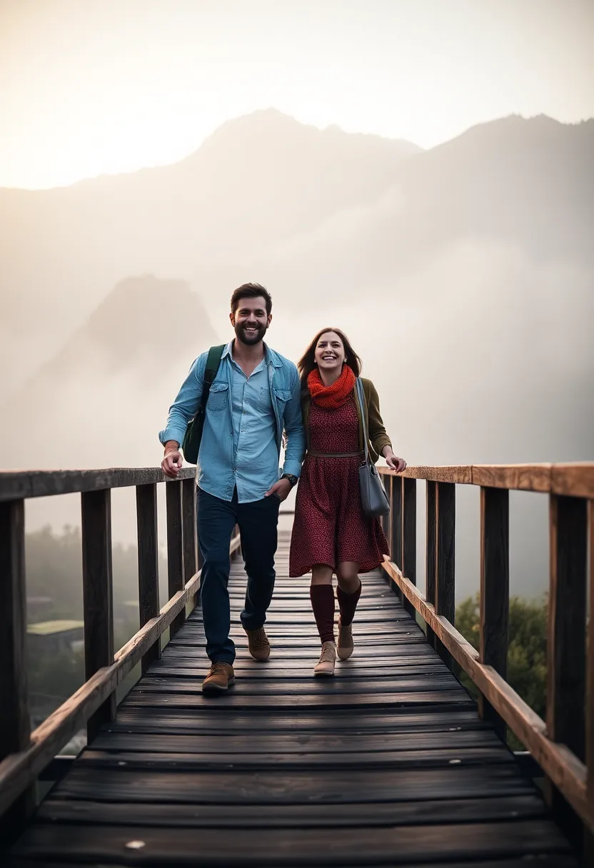 Couple Crossing Bridge in Misty Mountains at Dawn