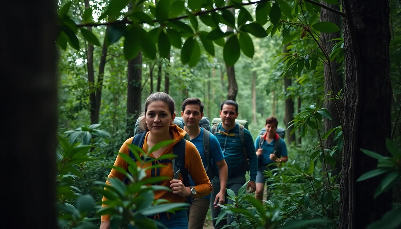 Group of Backpackers in Lush Green Forest