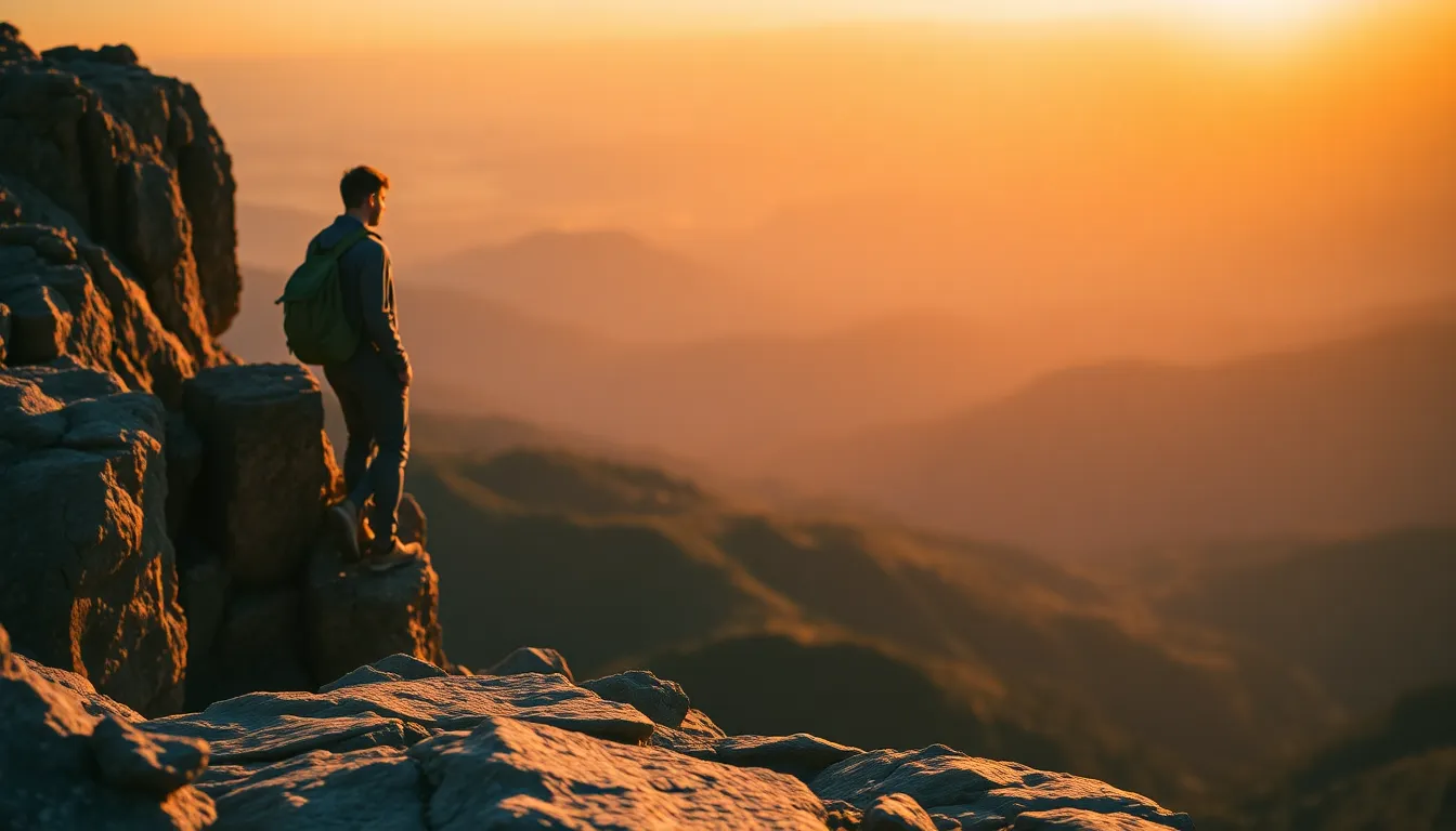 Backpacker on Cliff at Sunrise A solitary backpacker is silhouetted against a stunning sunrise, standing proudly on a rocky cliff. The warm light casts a golden glow on their weathered jacket, evoking a sense of adventure. Below, the valley is shrouded in soft morning mist, creating a dramatic backdrop. This image captures the spirit of exploration and the beauty of nature's transitions from darkness to light.