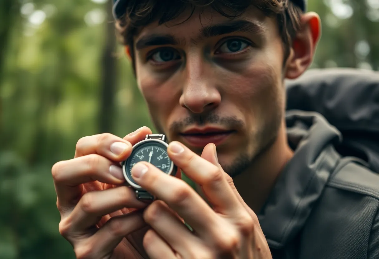 Backpacker Focusing on Compass in Forest This close-up captures a backpacker intently examining a compass while surrounded by the serene beauty of a lush forest. The soft, diffused light of an overcast day enhances the rich greens and browns, creating a tranquil atmosphere. Details of the compass and the natural skin textures of the subject bring the image to life. The focus on the compass urges the viewer to consider the importance of direction in the wilderness.