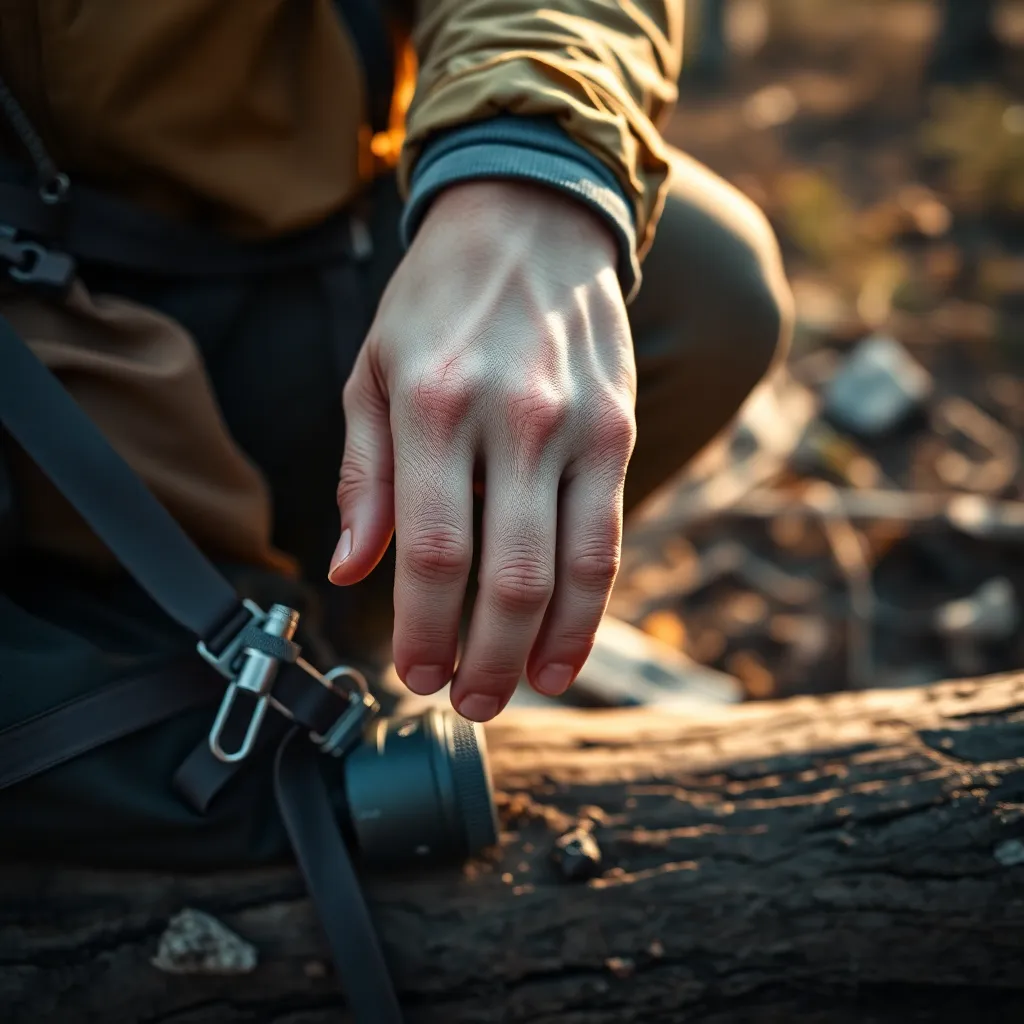Close-Up of Backpacker's Gear Adjustment An intimate close-up of a backpacker's hand meticulously adjusting gear while resting on a log in the heart of the wilderness. The rich textures of the rugged equipment and the natural surroundings create a tactile experience, inviting viewers to feel the connection to the adventure. Soft, diffused light brings warmth and depth to the scene, enhancing the intricate details of the gear. This image captures not just a moment of preparation but the essence of adventure and exploration in the great outdoors.