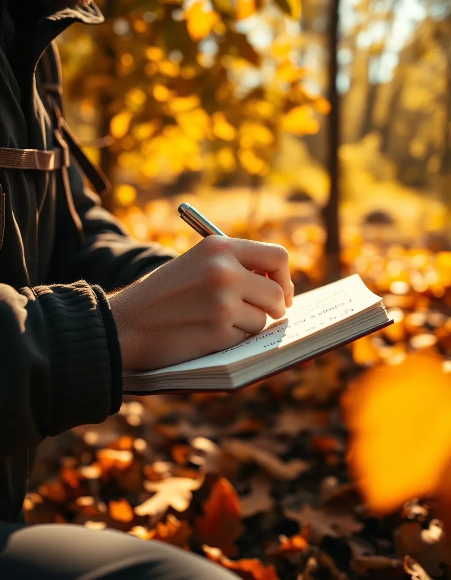 Backpacker Sketching in Nature During Autumn In this intimate close-up, a backpacker is captured in the act of sketching in a notebook, surrounded by the vibrant colors of autumn. Warm afternoon sunlight dapples through the leaves, creating a tranquil atmosphere. The softness of the background enhances the focus on the hand and notebook, inviting the viewer into the creative moment. This image evokes feelings of inspiration and connection with nature.