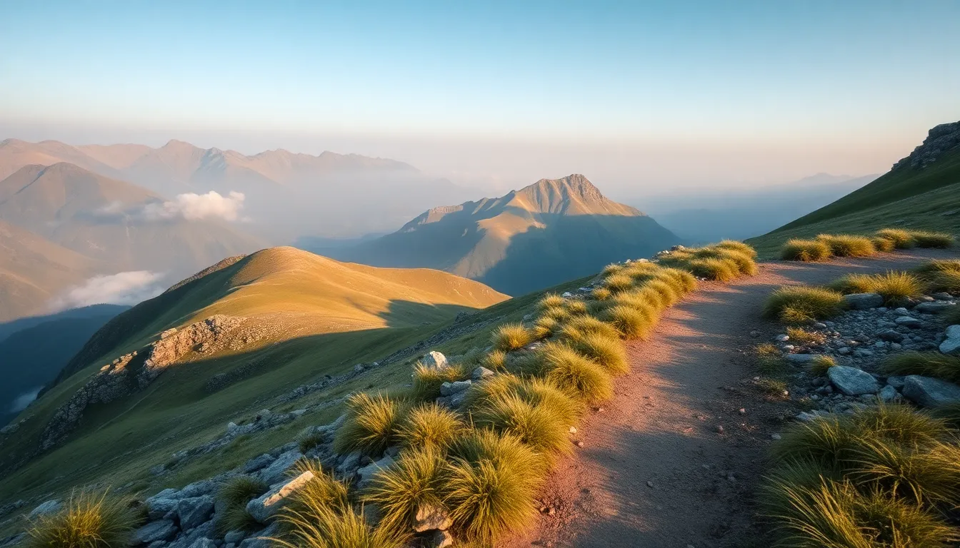 Scenic Mountain Pass with Winding Trail A breathtaking wide-angle view of a mountain pass at dawn, revealing a winding trail that invites exploration. The early morning light creates a soft, pastel color palette, with hints of mist weaving through the valleys. The rocky terrain and grassy trail are rendered in exquisite detail, showcasing the rugged beauty of the landscape. This composition inspires a sense of adventure and captivation with nature's grandeur.