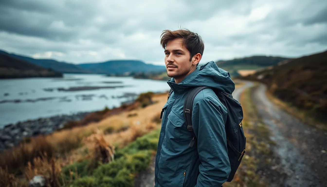 Contemplative Backpacker on Riverside Path