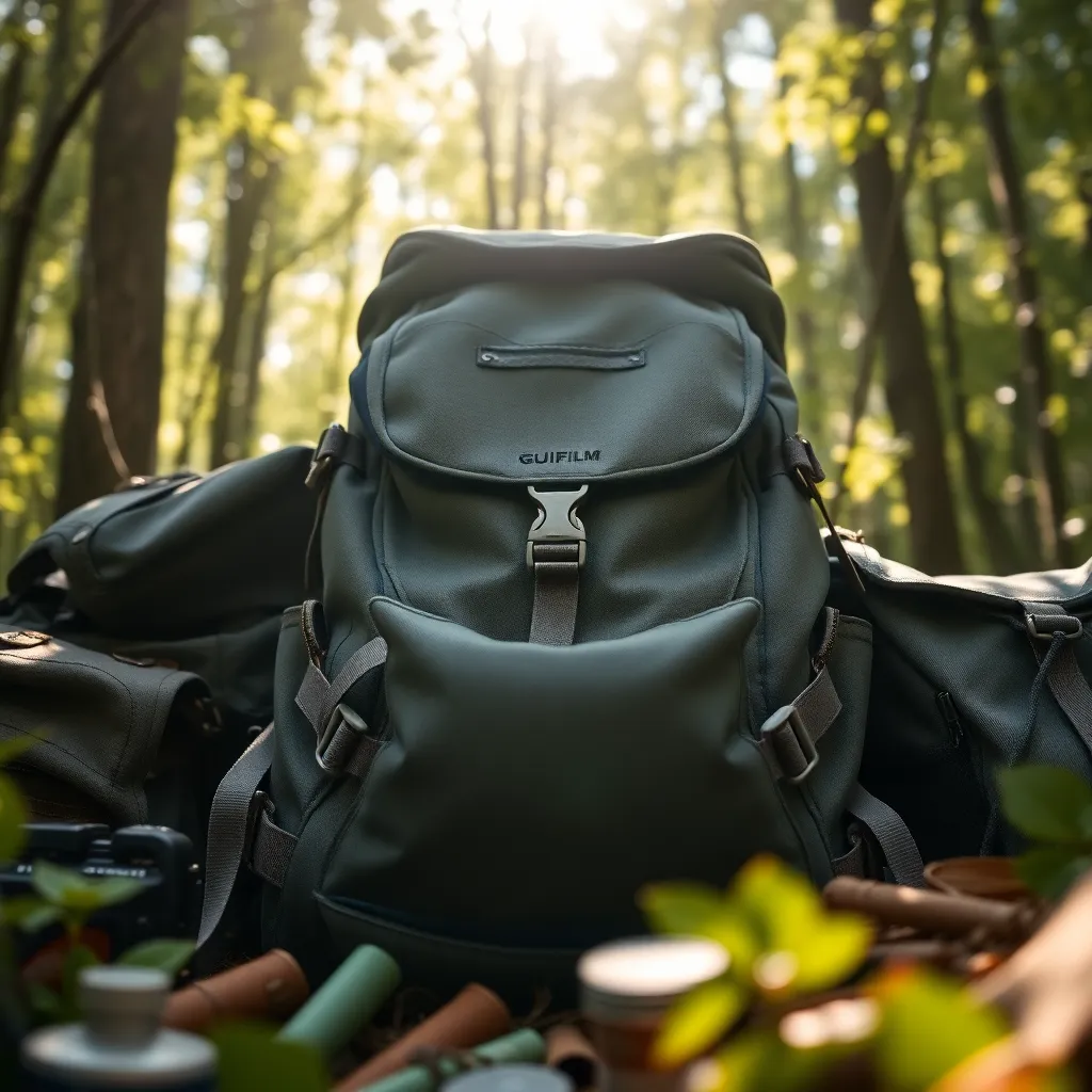 Backpacking Gear in Forest Setting An artfully arranged backpack and essential hiking gear are nestled within a vibrant forest. The interplay of soft dappled sunlight enhances the textures of fabric and metal, inviting the viewer to explore the details of outdoor adventure. This composition reflects the harmonious connection between gear and nature, showcasing the tools that enable exploration and adventure.