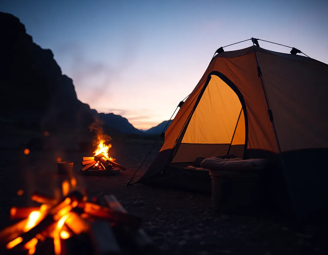 A beautifully arranged camping scene unfolds under the enchanting twilight sky. The warm glow of a crackling campfire casts flickering shadows on a pitched tent, inviting the viewer into this tranquil moment. Rich textures from the tent fabric and subtle details of the outdoor setting create a cozy atmosphere perfect for adventure. The Dutch angle composition adds a dynamic element, enhancing the sense of immersion in the wild.