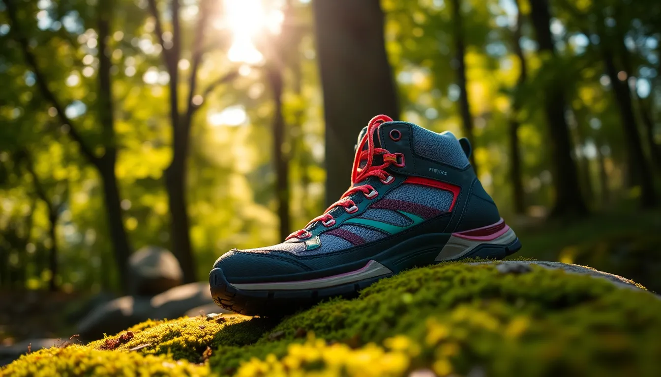 This image showcases a pair of vibrant hiking boots resting on a moss-covered rock in a sun-dappled forest. The selective focus emphasizes the colorful laces and detailed textures of the footwear, while the lush greens of the moss create a beautiful contrast. Filtered sunlight creates a magical atmosphere, with bokeh highlights enhancing the feeling of being immersed in nature. The composition features leading lines that guide the viewer's eye through the tranquil woodland setting.