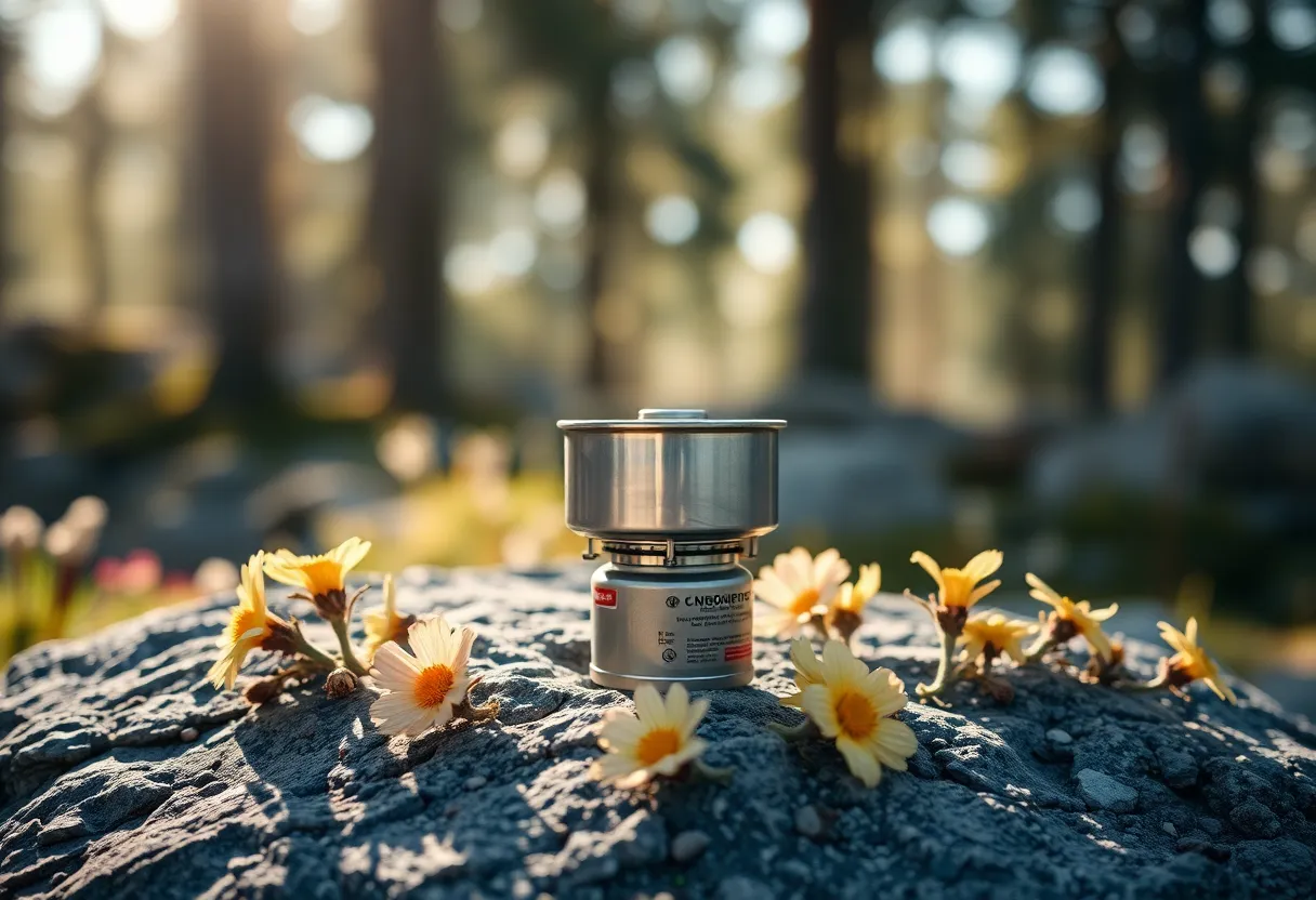 Camping Stove Surrounded By Alpine Flowers