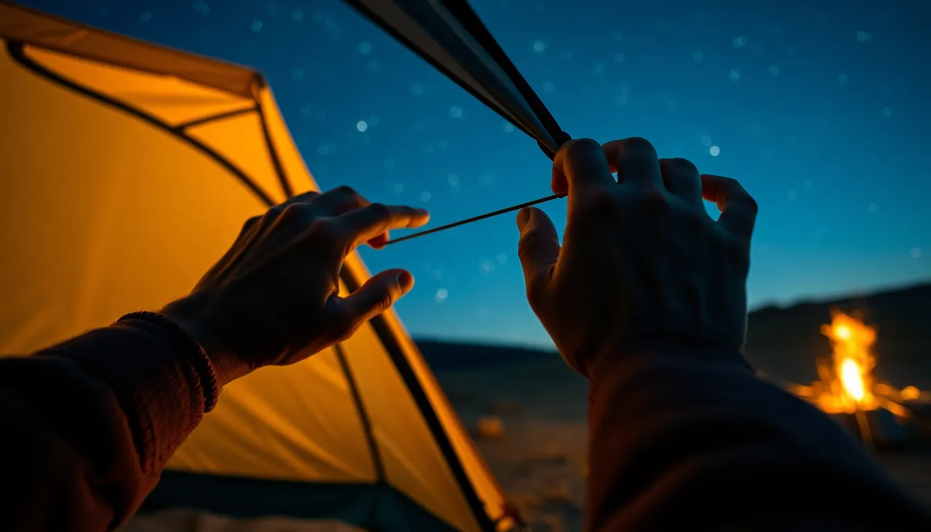 A close-up view of a backpacker’s hands skillfully pitching a tent beneath a breathtaking starlit sky. The soft glow of the tent fabric contrasts with the deep blues of night, creating an inviting and intimate scene. This photograph encapsulates the serenity of outdoor camping and the beauty of nature at night, ideal for travel and adventure enthusiasts.