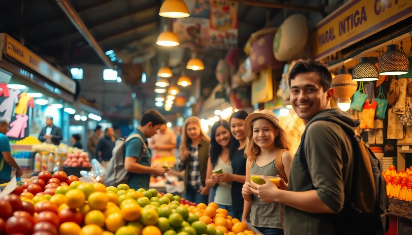 Backpackers at Local Market In a vibrant local market, backpackers immerse themselves in the colorful displays of fresh produce and handmade goods. The warm light from tungsten lamps sets a cozy mood, while the vibrant hues of fruits and crafts draw the eye. This lively scene captures the joy of discovering local culture and flavors, inviting travelers to engage with the world around them.