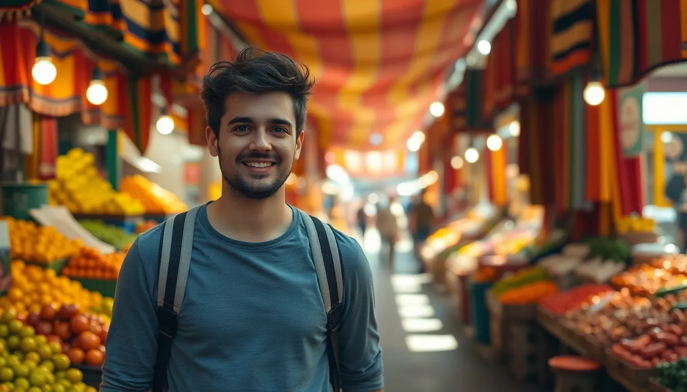 Backpacker Exploring Vibrant Market Scene A lively street scene showcasing a backpacker immersed in the vibrant atmosphere of a local market. Sunlight bathes the colorful stalls filled with fresh produce and textiles, creating a cheerful and inviting ambiance. The saturated colors highlight the diversity of the market, while the textures of the fruits and fabrics add depth to the photograph. This image captures the thrill of exploration and cultural immersion while backpacking.