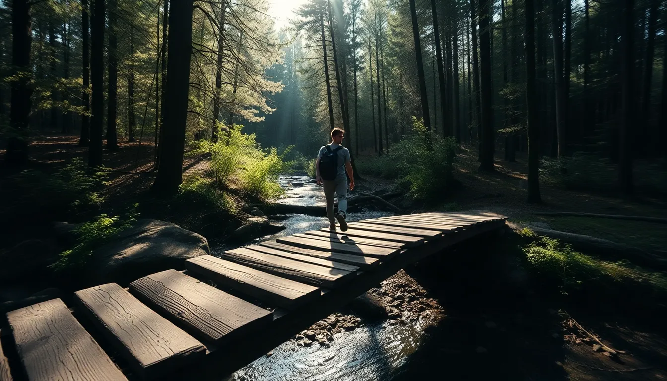 Wanderer Crossing Wooden Bridge In Forest