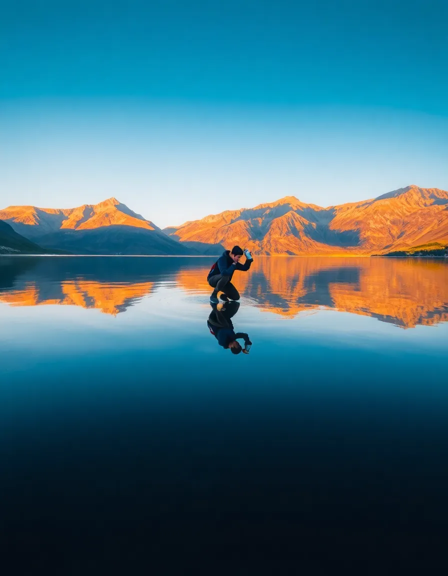 A solitary traveler kneels by a tranquil mountain lake during the golden hour, capturing the serene beauty of nature. The shimmering surface of the water perfectly reflects the stunning peaks and the vibrant colors of the sky, creating a breathtaking scene. The warm gold tones juxtaposed against the cool blues of the lake enhance the mood of tranquility and adventure. This centered composition places the traveler in a moment of connection with the pristine wilderness.