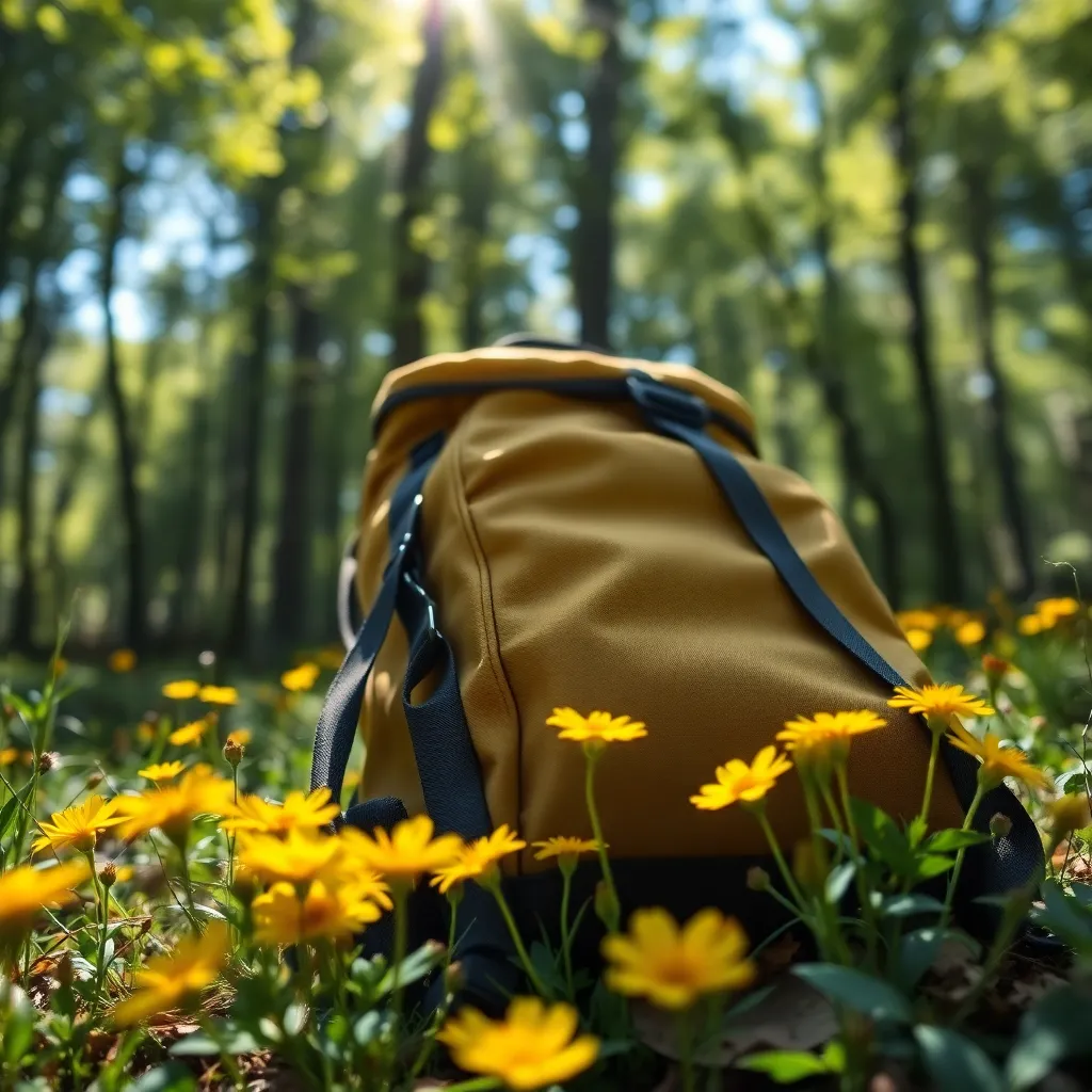 A captivating close-up of a backpack lying on the forest floor, adorned with colorful wildflowers blooming around it. Natural sunlight creates a magical atmosphere, filtering through the trees and highlighting the vibrant colors of the flowers. The contrast between the earthy tones of the backpack and the bright floral hues showcases the beauty of nature and invites outdoor exploration. The intricate textures of the fabric and petals add depth to the composition.