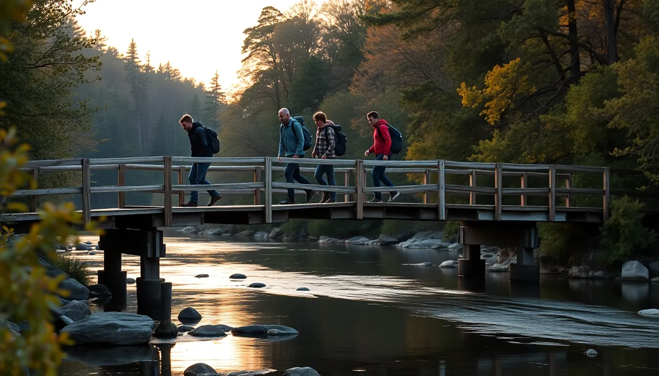 Group of Backpackers Crossing Bridge at Dawn A group of energized backpackers is seen crossing a picturesque wooden bridge over a tranquil river at dawn. The soft pastel hues of early morning light reflect on the water, creating a serene backdrop for their adventure. This image captures the essence of friendship and exploration in nature, complemented by vibrant colors and sharp details. The leading lines of the bridge guide the viewer toward the hikers, enhancing the sense of movement.