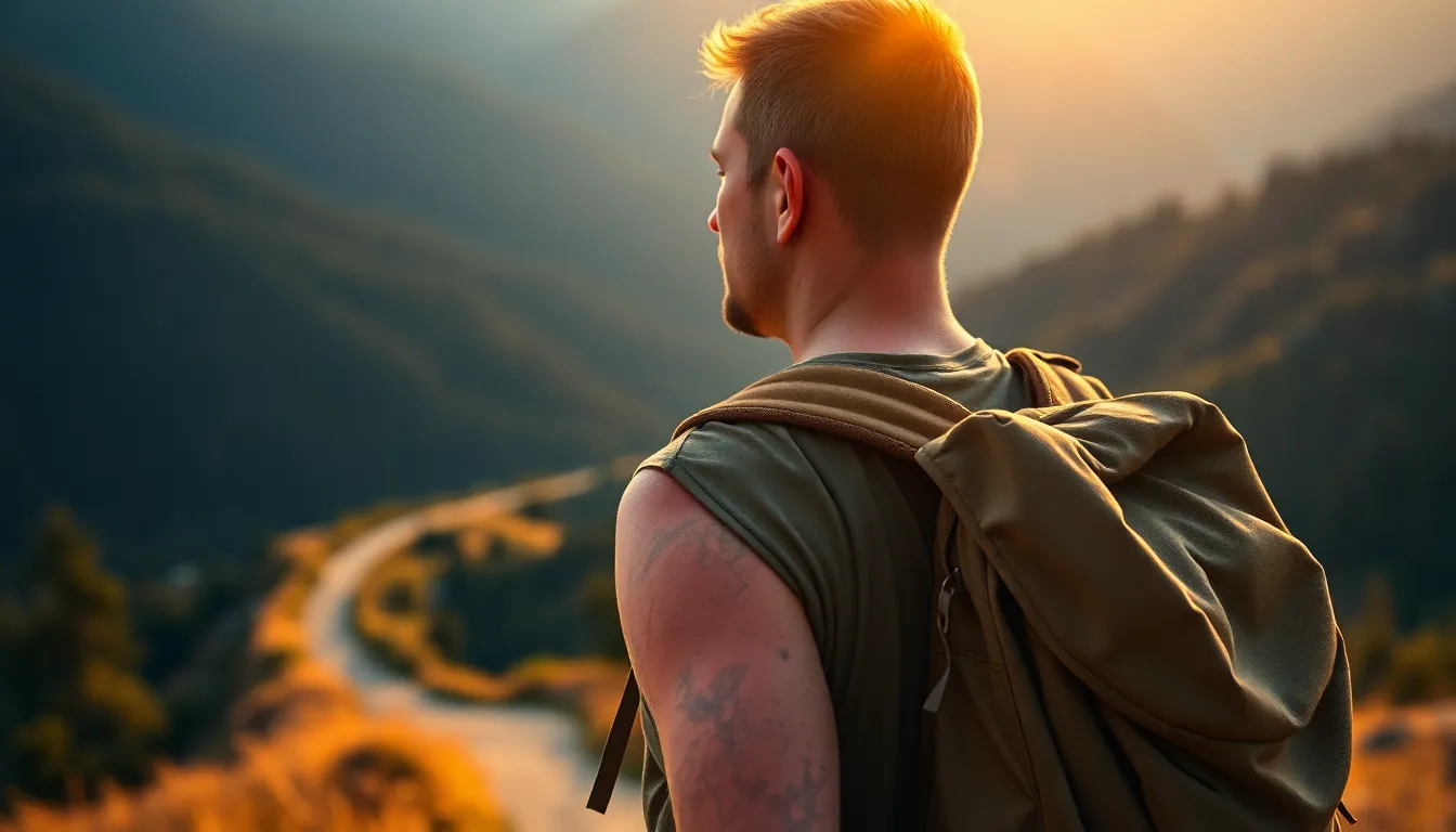 Backpacker Exploring Mountain Trail During Golden Hour