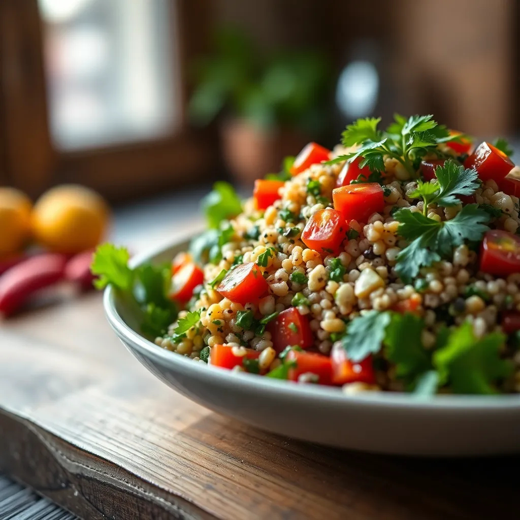 This close-up captures a beautifully arranged quinoa salad, perfect for a nutritious backpacking meal. The vibrant colors of fresh vegetables and herbs pop against the rustic wooden table, enhanced by natural side lighting. The soft focus and texture details reveal the individual ingredients, inviting the viewer's appetite for adventure and healthy eating. This image reflects the joy of cooking in nature, merging the beauty of food with the essence of the great outdoors.