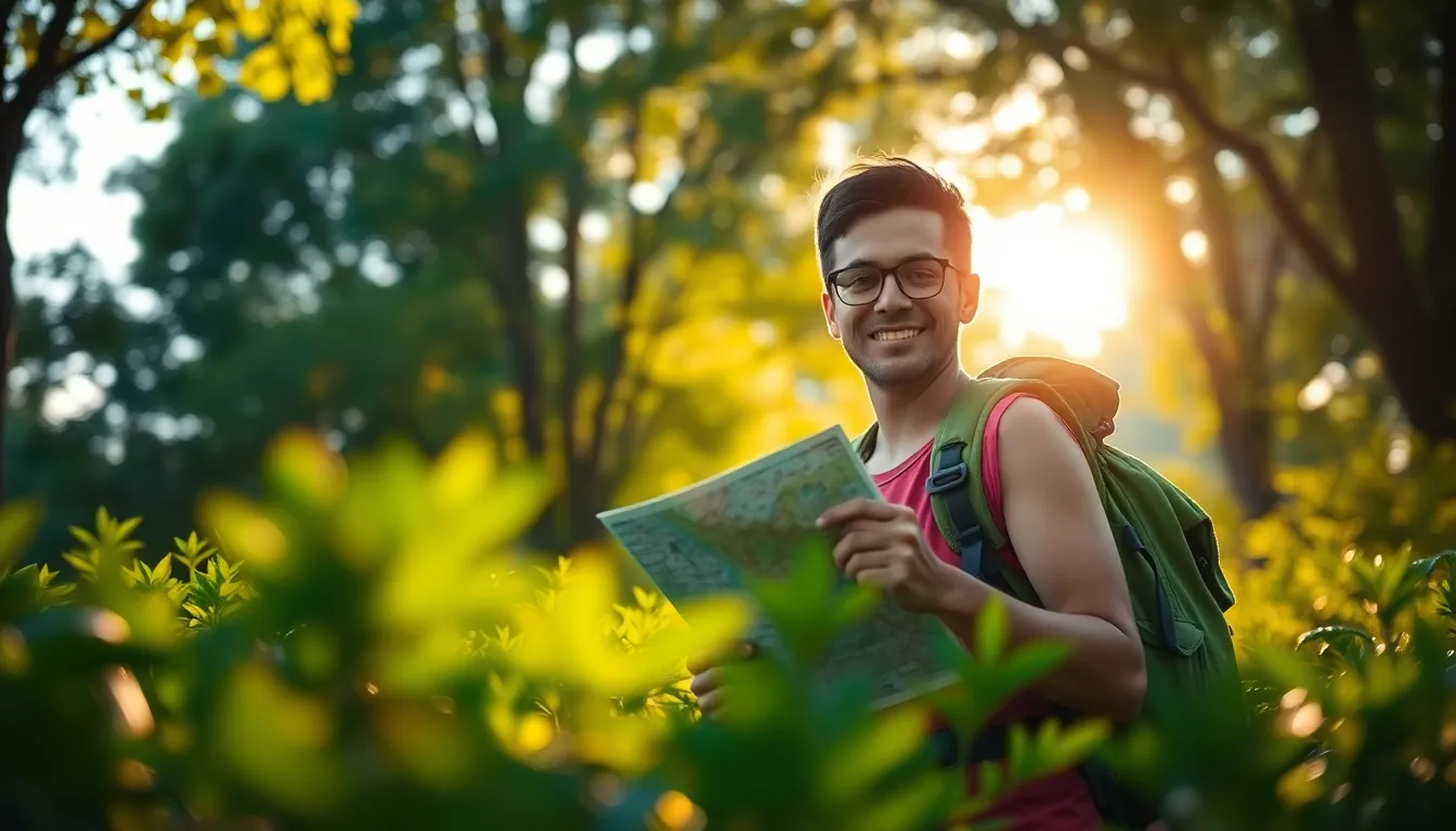 Happy Backpacker with Map Surrounded by Nature