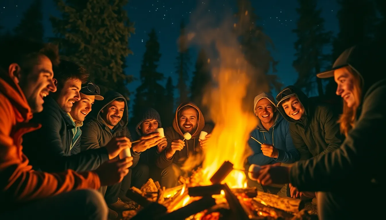 Backpackers Enjoying Campfire Under Starry Sky A cheerful gathering of backpackers is seen roasting marshmallows over a crackling campfire, set against the enchanting backdrop of a starry night. The warm glow of firelight illuminates their faces, creating a cozy and inviting atmosphere. Rich oranges of the flames contrast beautifully with the deep blues of the night sky, crafting a captivating image. This scene embodies the spirit of camaraderie and storytelling under the stars.